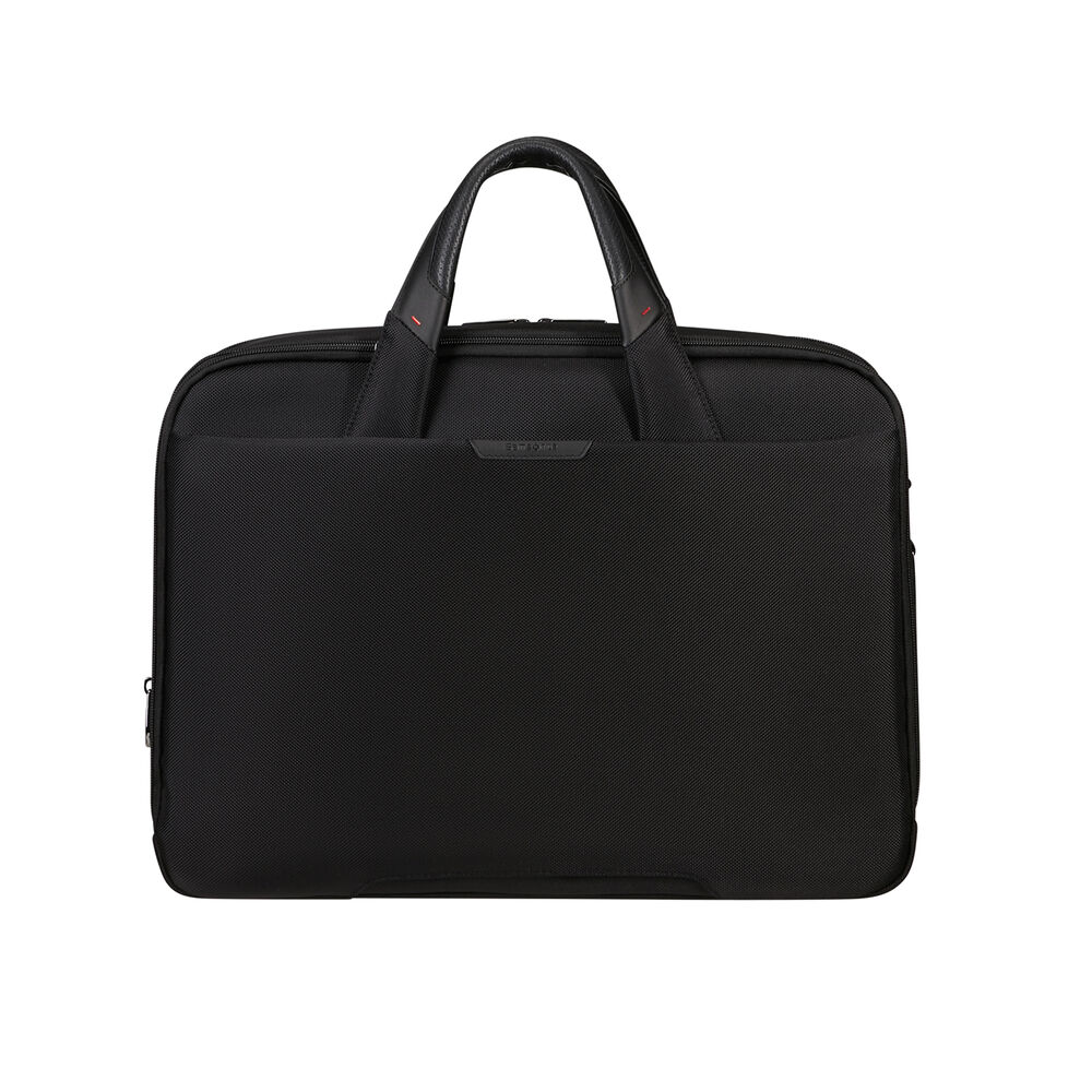 Valigetta nera Samsonite con maniglia superiore e tasca frontale. Il manico è nero con cuciture rosse.
