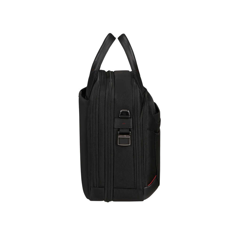 Valigetta Samsonite nera, vista laterale. Presenta manici, cerniera e chiusura in metallo con il nome del marchio. Dettaglio rosso sul lato.
