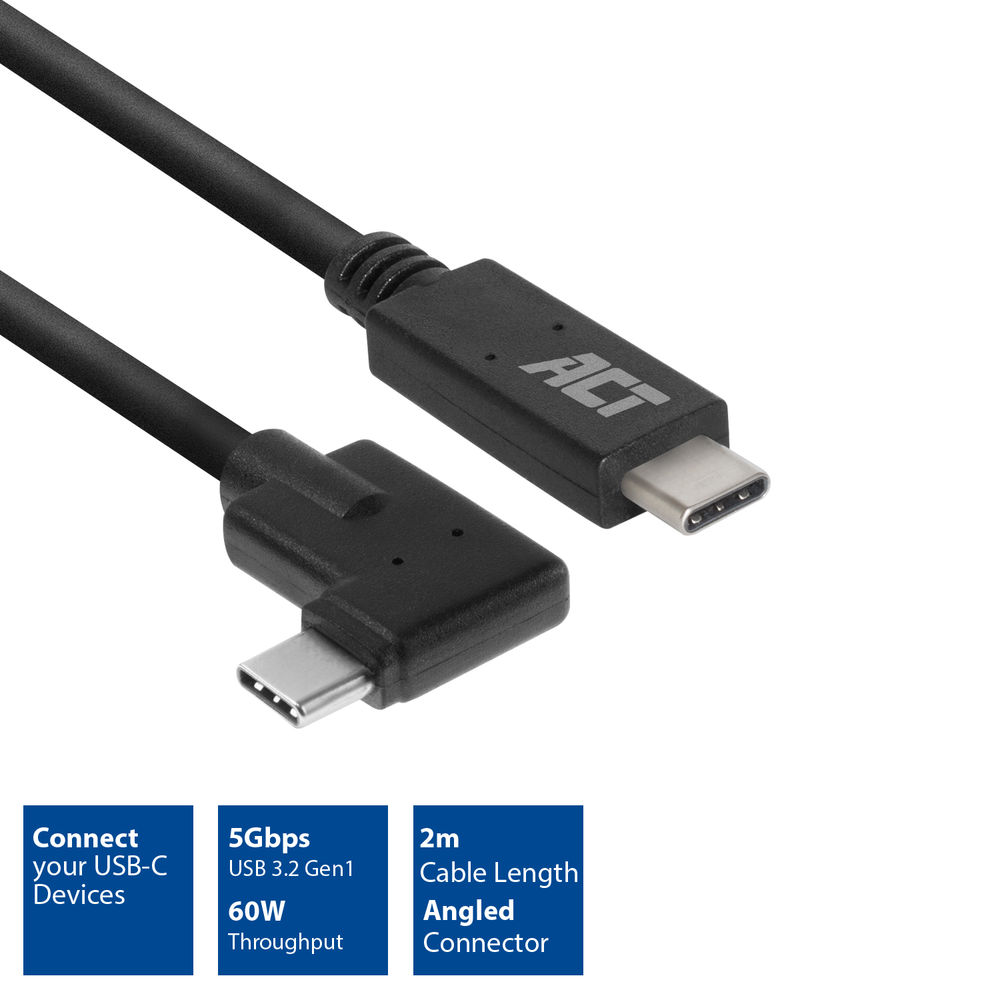 Zwarte USB-C-kabel met haakse connector. Kenmerken: 5 Gbps, 60W doorvoer en 2m kabellengte. Verbindt USB-C apparaten.