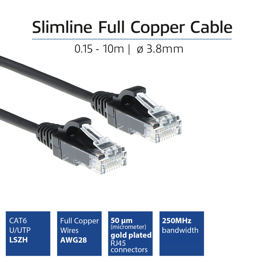 Due cavi di rete neri con connettori RJ45. Il testo include 'Slimline Full Copper Cable' e specifiche come CAT6.