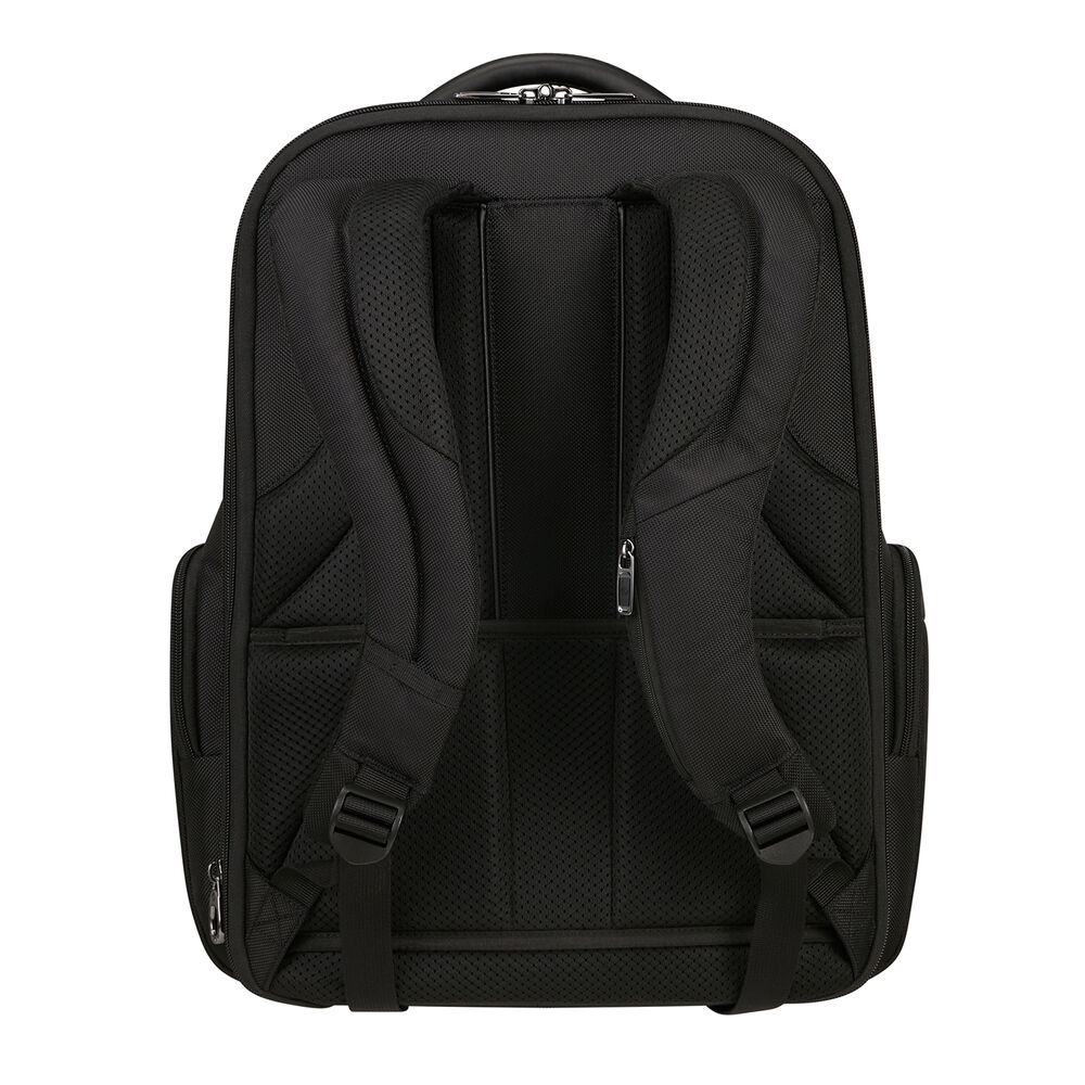 Zaino nero con spallacci imbottiti, scomparti multipli e maniglia superiore. Ha una chiusura a zip e tasche laterali.