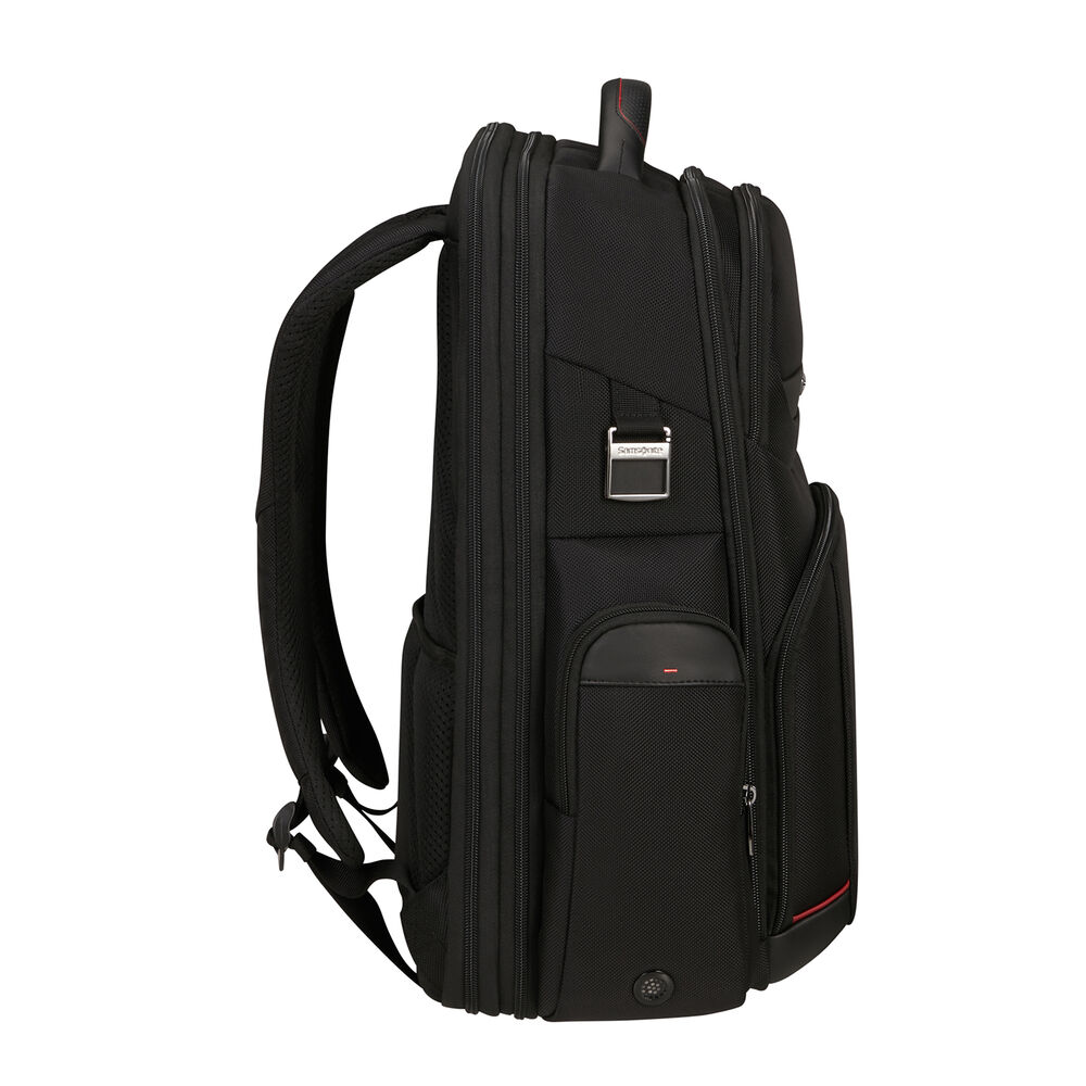 Zaino Samsonite nero, vista laterale. Presenta più scomparti, una maniglia e uno spallaccio imbottito. Dettagli rossi visibili.