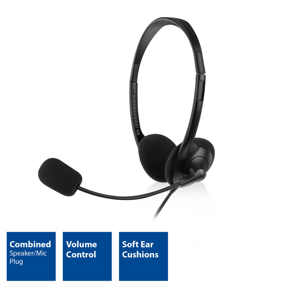 Black headset with microphone and soft ear cushions. Features include volume control and a combined speaker/mic plug.
