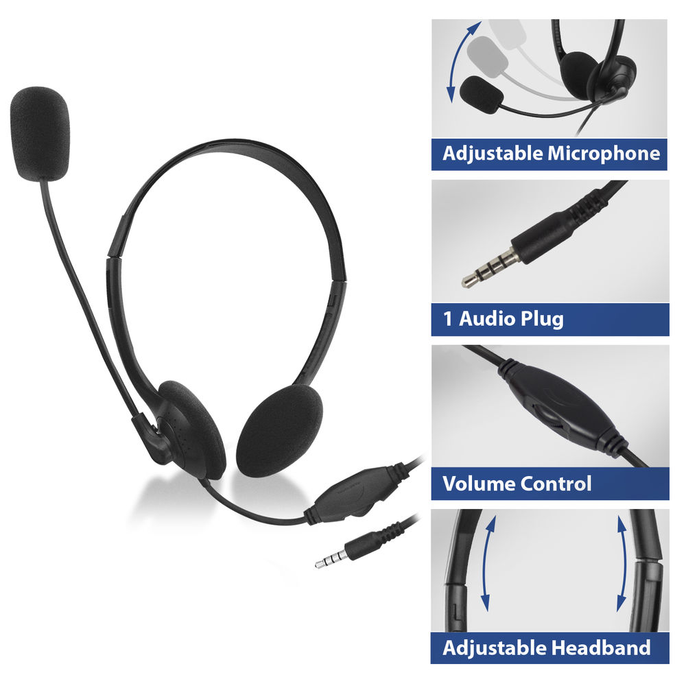 Black headset with adjustable microphone, headband, and volume control. Features a single audio plug.