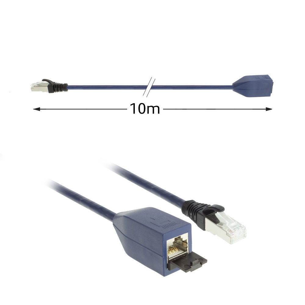 Een blauwe netwerkkabel met connectoren aan beide uiteinden. De kabel is 10 m lang. Eén connector is open.