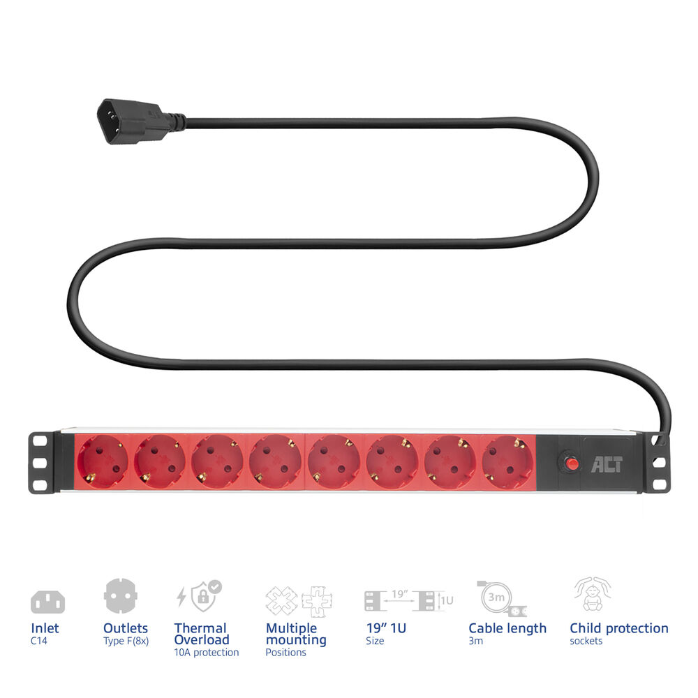 A black power strip with red outlets. It has a black cable and several icons indicating features like overload protection.