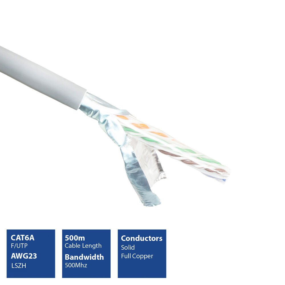 Un cavo di rete CAT6A, parzialmente spelato, che rivela fili colorati. Le caselle di testo mostrano specifiche come la lunghezza e la larghezza di banda.