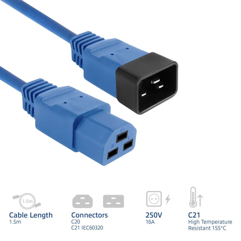 Blaues Netzkabel mit C20- und C21-Anschlüssen, schwarzen und blauen Enden, mit Symbolen für Spannung und Temperaturbeständigkeit.