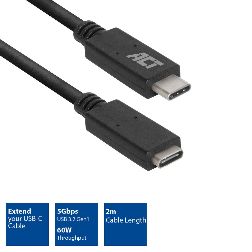 Zwarte USB-C-kabel met 'ACT'-logo. Specificaties: 5 Gbps, 60W en 2m kabellengte. Verlengt uw USB-C-kabel.