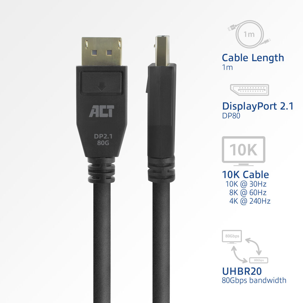 Schwarzes DisplayPort-Kabel mit goldenen Steckern. Text: ACT, DP2.1 80G, 10K-Kabel, 1m Länge, DisplayPort 2.1 und 80 Gbit/s Bandbreite.