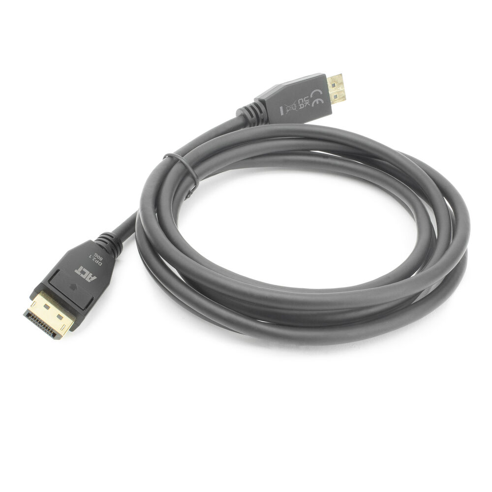 Ein graues DisplayPort-Kabel auf einer weißen Oberfläche. Das Kabel hat an beiden Enden Anschlüsse.