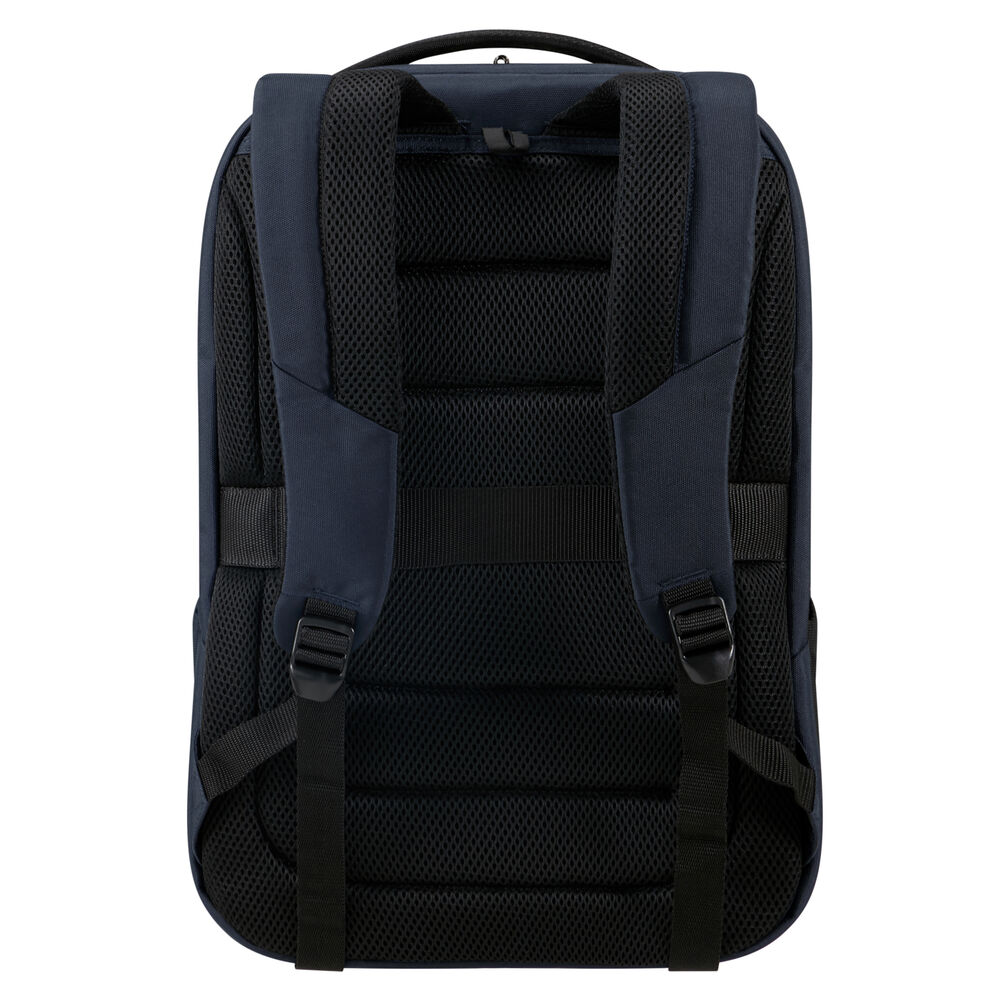Navyblauer Rucksack mit schwarzem Mesh-Rückenteil und Trägern. Verfügt über verstellbare Gurte, einen oberen Griff und Schnallen.