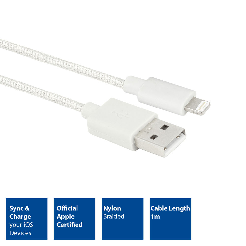 Witte gevlochten iPhone oplaadkabel. USB naar Lightning. Kenmerken: synchroniseren en opladen, officieel Apple gecertificeerd, 1 m kabellengte.