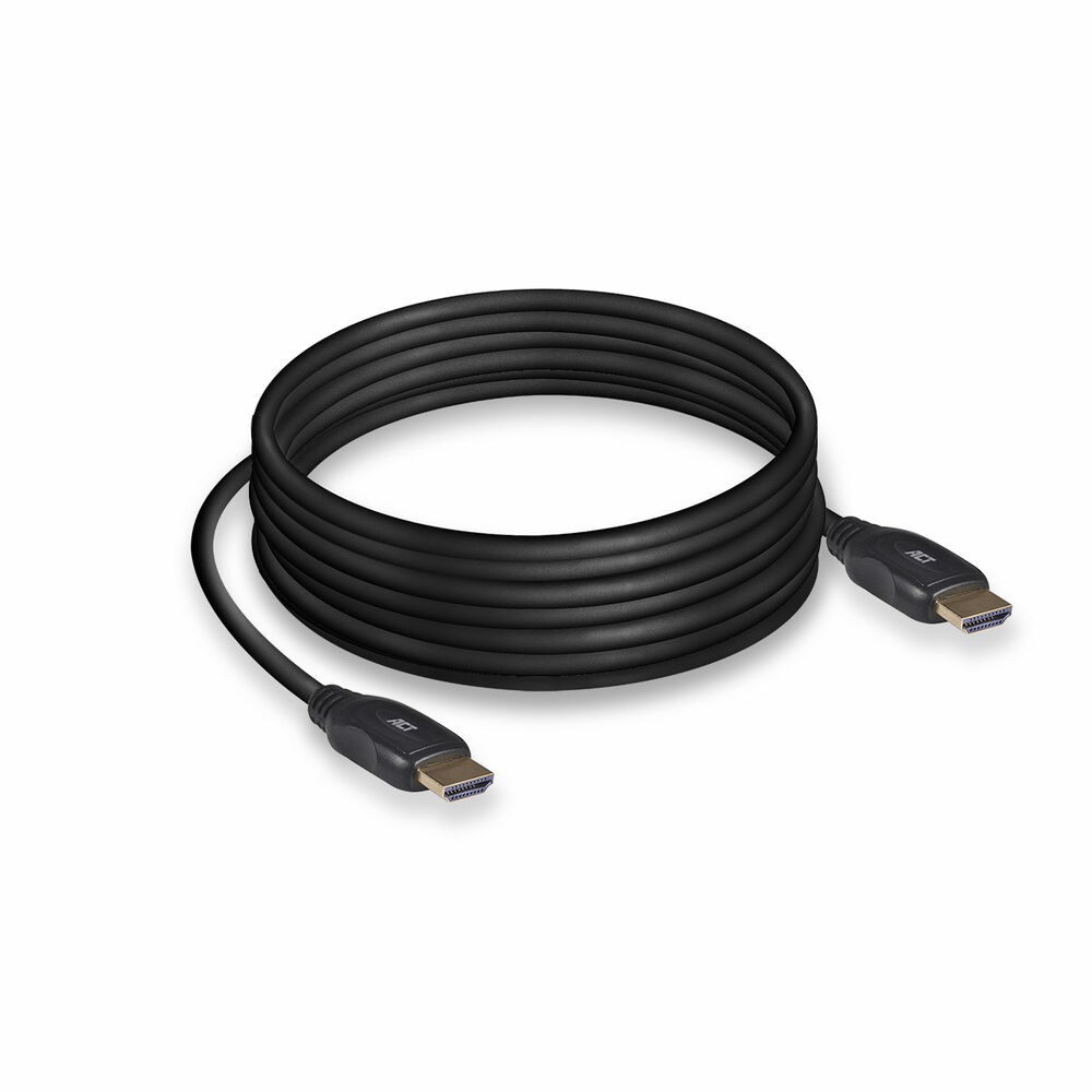 Een opgerolde zwarte HDMI-kabel met connectoren aan beide uiteinden ligt op een wit oppervlak. De connectoren hebben een goudkleurig interieur.
