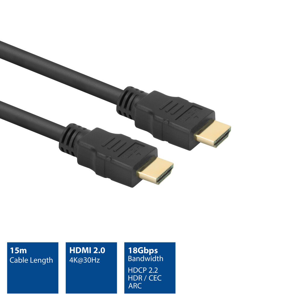 Ein schwarzes HDMI-Kabel mit goldenen Steckern liegt auf einer weißen Oberfläche. Details: 15 m Kabel, HDMI 2.0, 18 Gbit/s, 4K@30 Hz, HDCP 2.2, HDR/CEC, ARC.