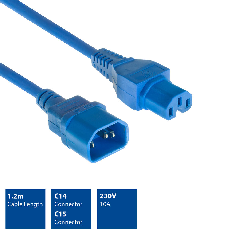 Blaues Stromkabel mit C14- und C15-Anschlüssen. Spezifikationen: 1,2 m, 230 V, 10 A. Anschlüsse blau, Kabel blau, Hintergrund weiß.