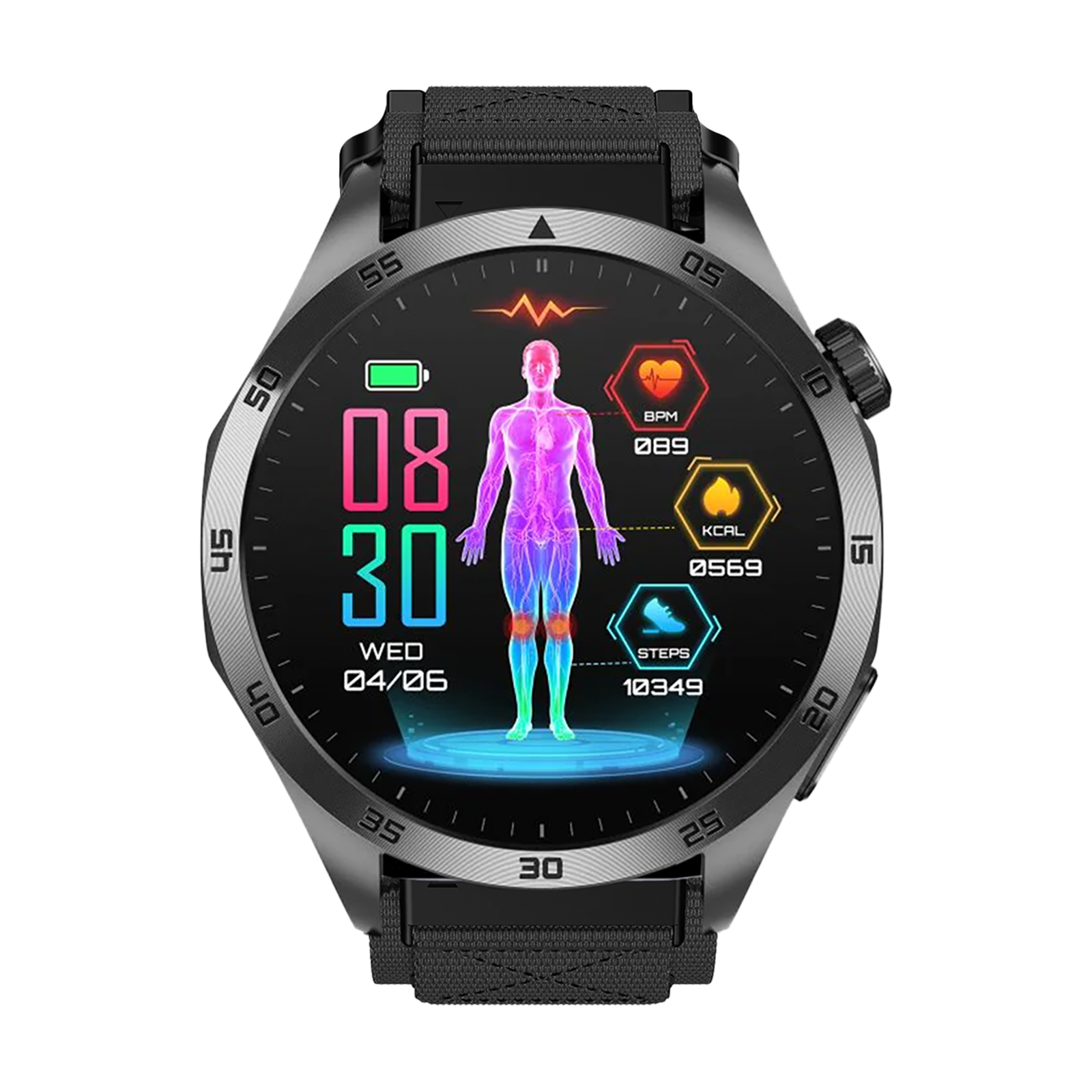 Smartwatch mit Gesundheitsmetriken. Zeigt Zeit, Datum, Herzfrequenz, Kalorien und Schritte auf einer schwarz-silbernen Uhr.