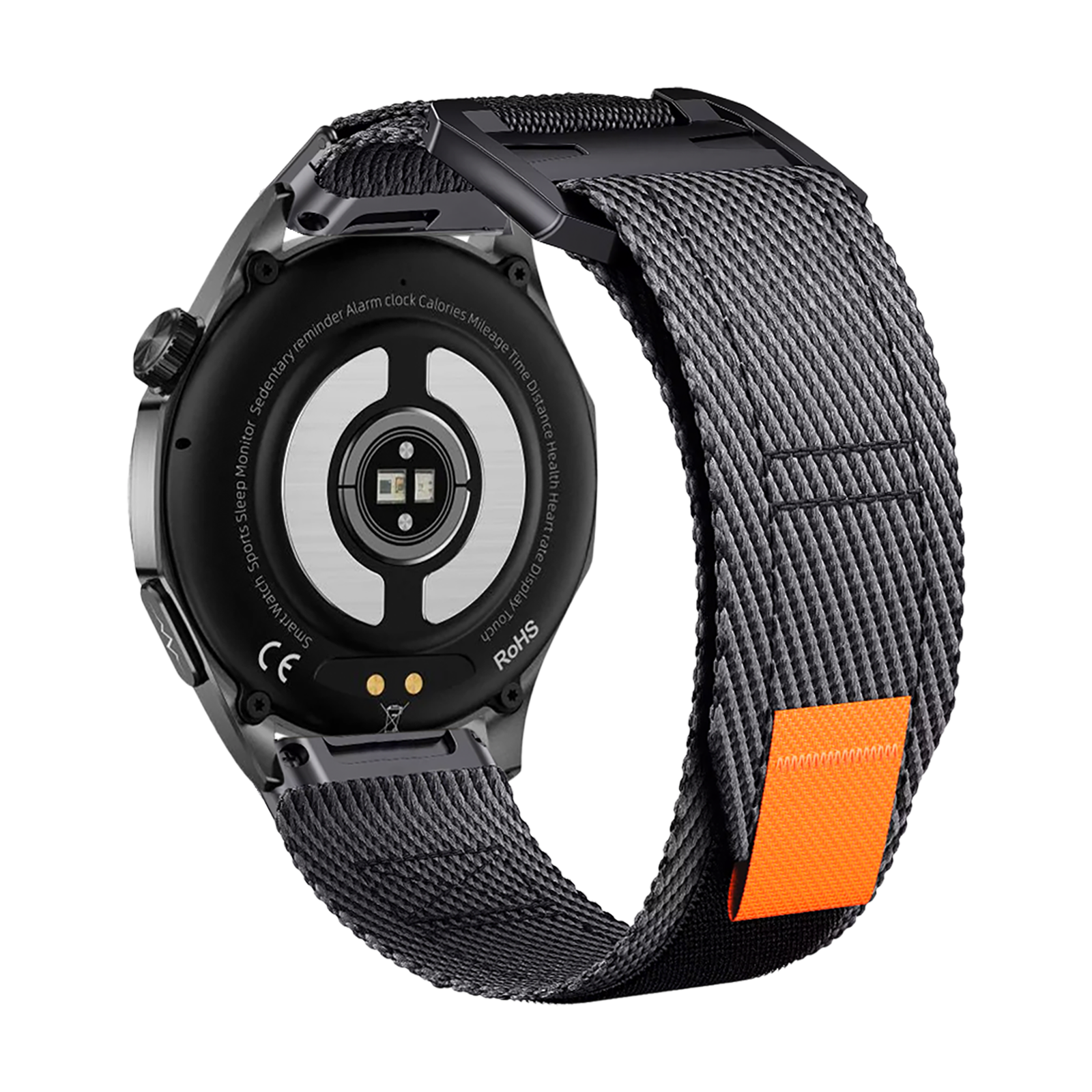 Nahaufnahme einer Smartwatch mit schwarzem Gehäuse und grauem Stoffarmband mit orangefarbenem Akzent.