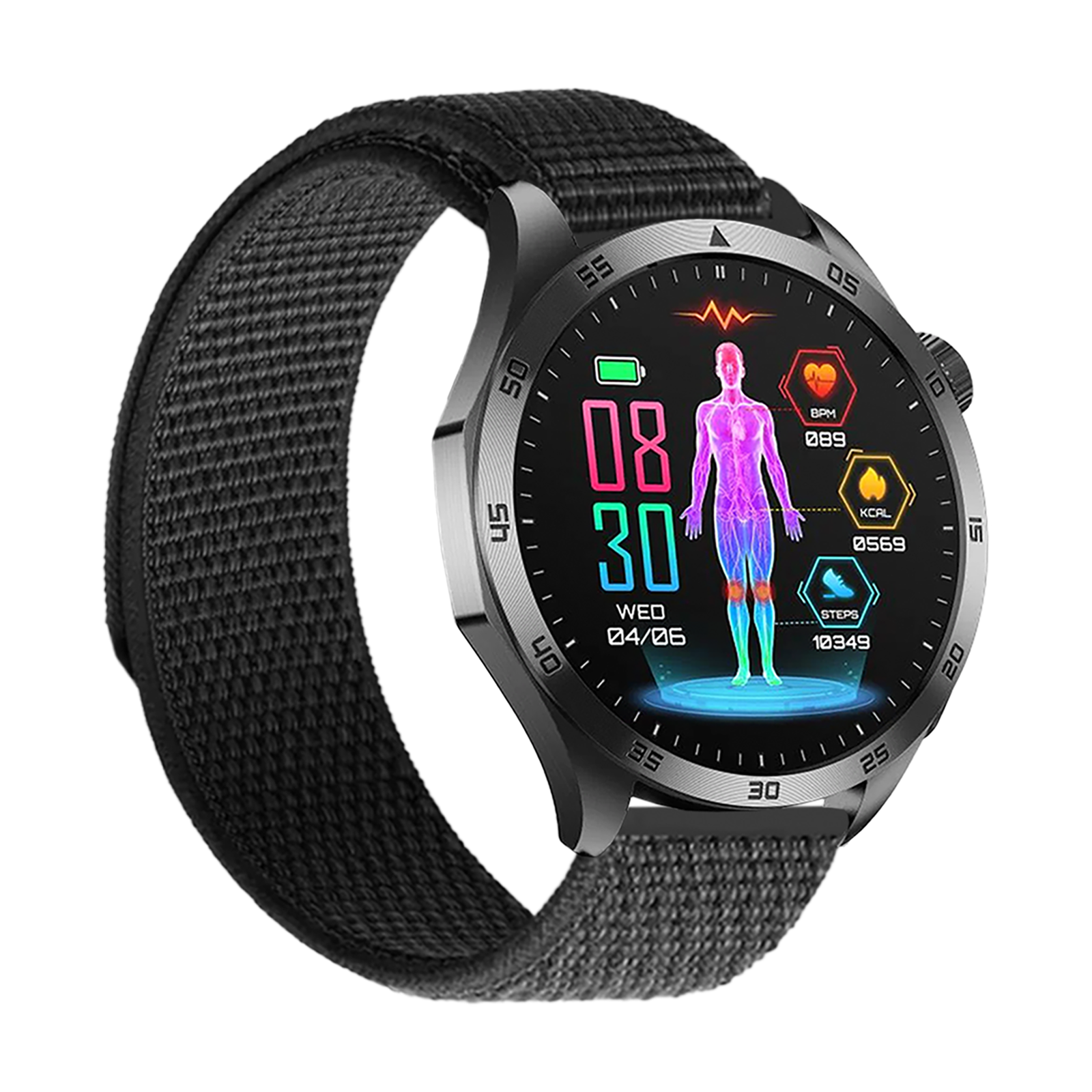 Eine Smartwatch mit schwarzem Armband. Der Bildschirm zeigt Gesundheitsdaten wie Zeit, Herzfrequenz und Schritte an.