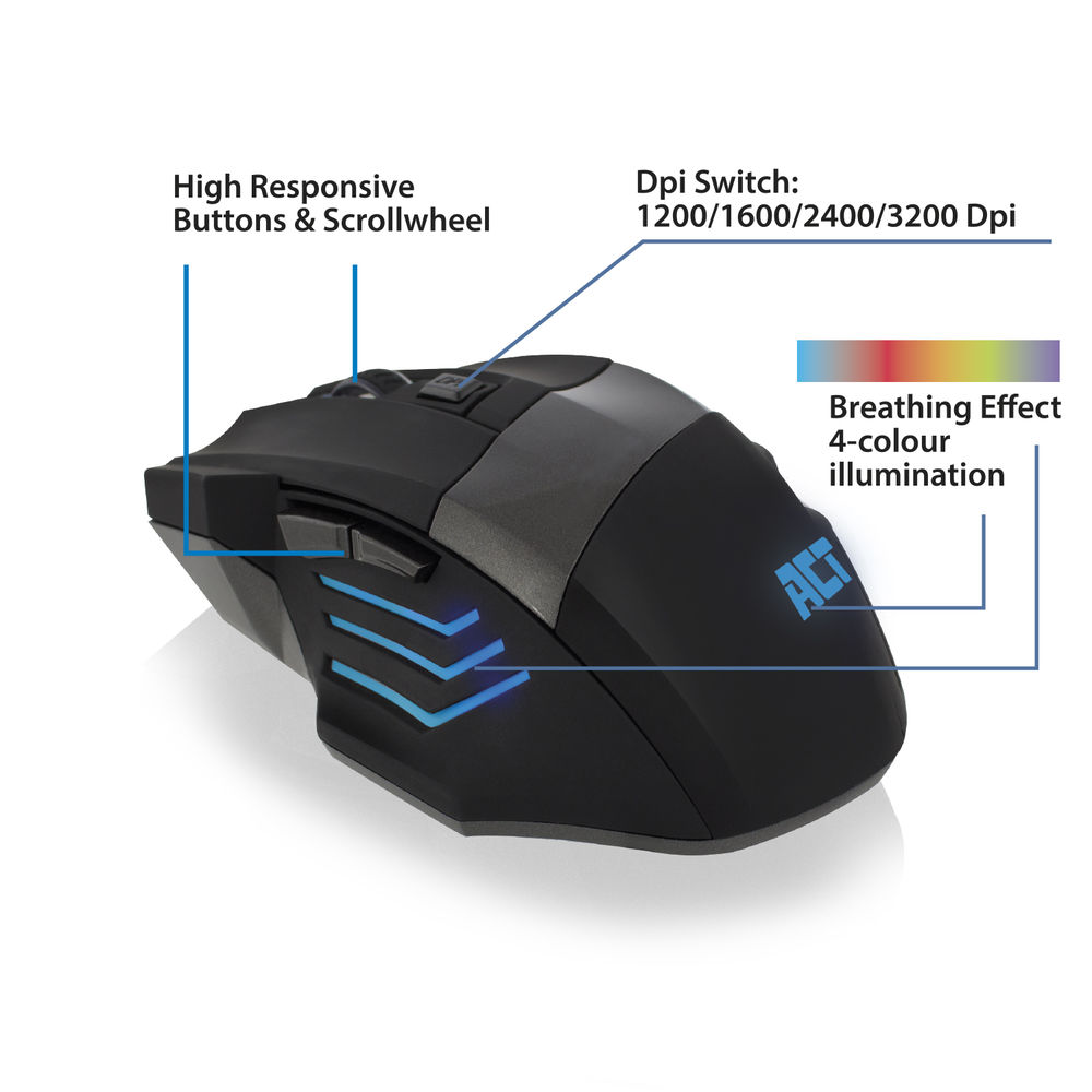 Zwarte gamingmuis met knoppen en scrollwiel. Beschikt over een DPI-schakelaar en 4-kleurenverlichting.