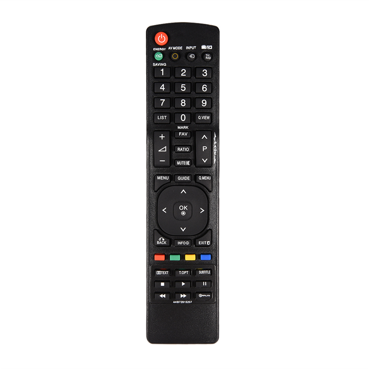 Eine schwarze TV-Fernbedienung mit vielen Tasten, darunter Zahlen, Lautstärke, Kanal und Ein/Aus. Die Fernbedienung vor weißem Hintergrund.