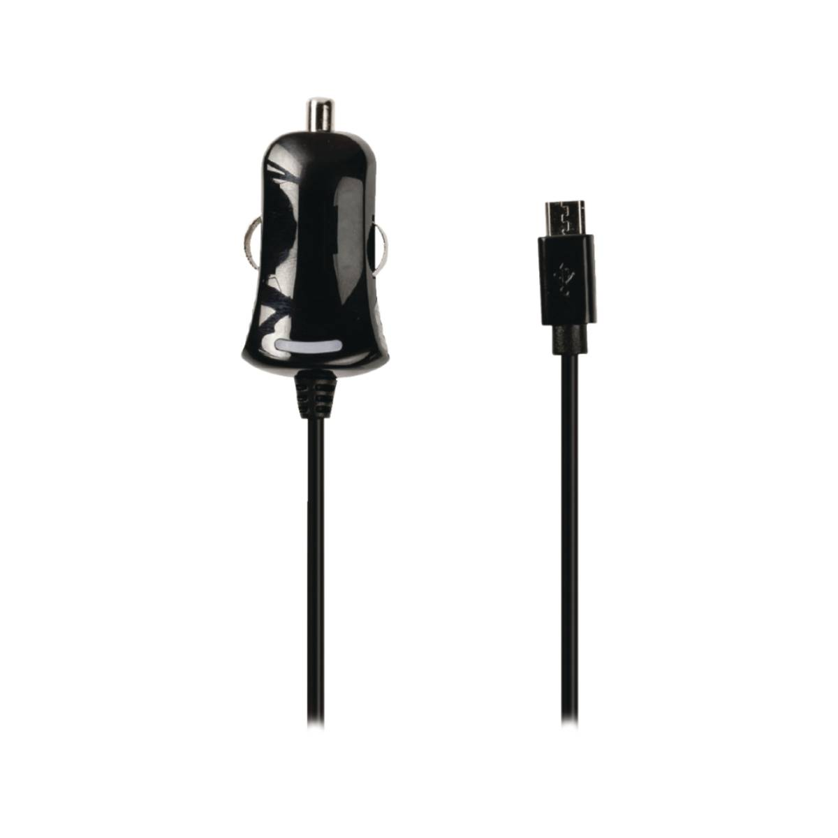 Ein schwarzes Autoladegerät und ein schwarzes USB-Kabel auf weißem Hintergrund. Das Ladegerät hat einen silbernen Deckel.