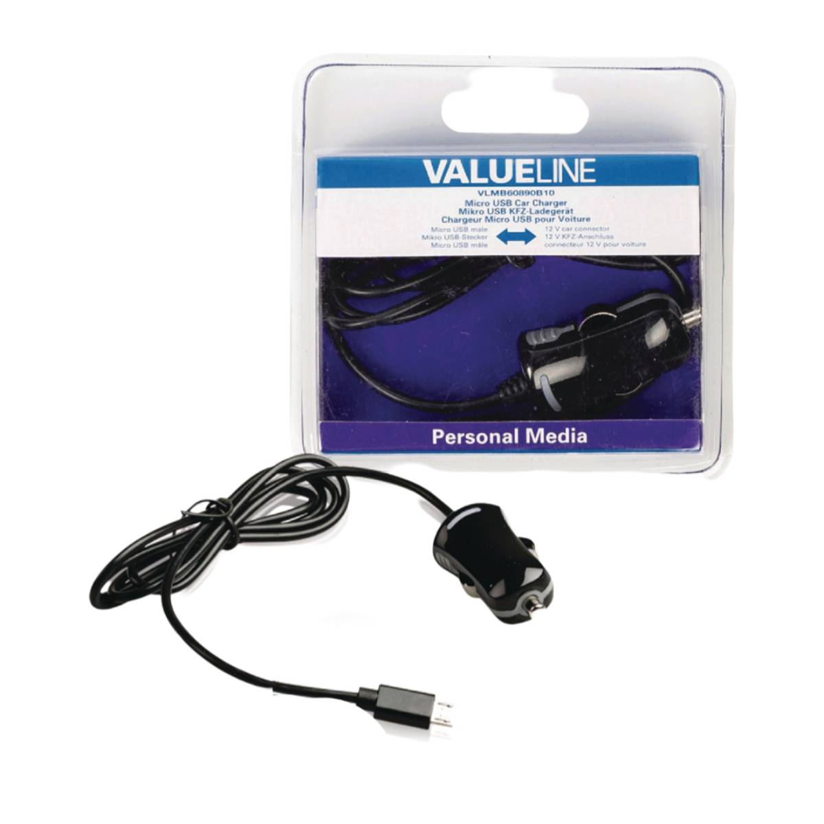 Ein Valueline-Autoladegerät in der Verpackung. Es hat ein schwarzes Kabel mit USB-Anschluss und einem Auto-Adapter.