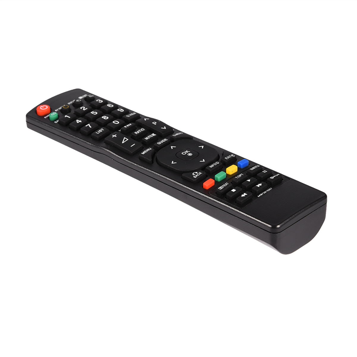 Eine schwarze TV-Fernbedienung mit vielen Tasten. Es gibt Nummern, Lautstärke, Menü- und Ein/Aus-Tasten. Der Hintergrund ist weiß.