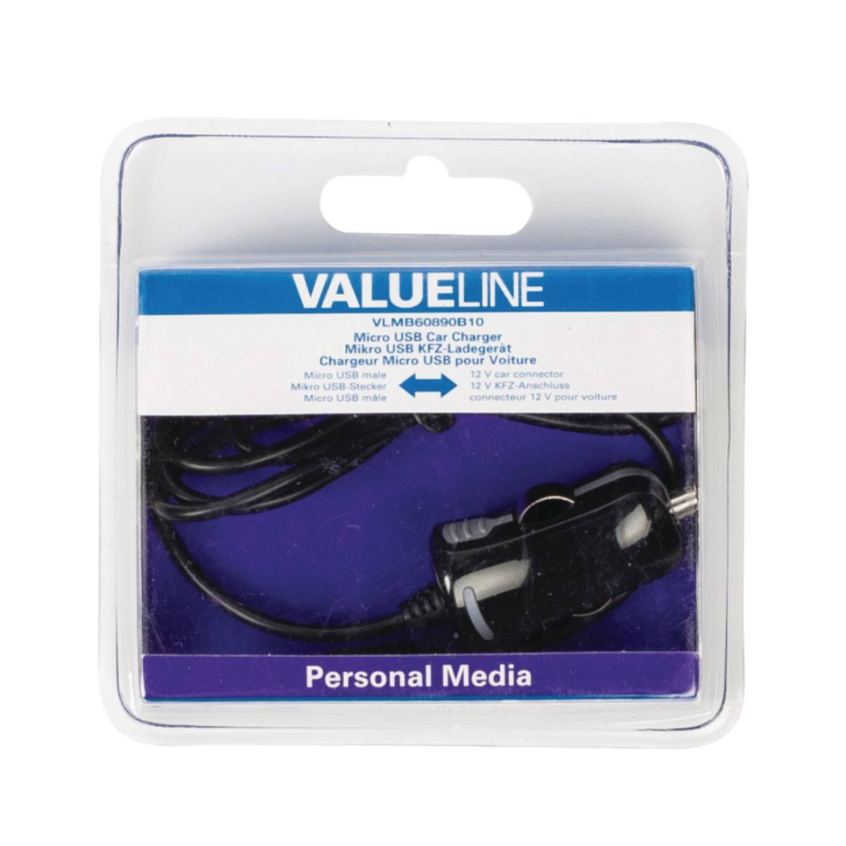 Ein Valueline Micro-USB-Autoladegerät in einer Plastikverpackung. Es hat ein schwarzes Ladegerät mit Kabel und blau-weißem Etikett.