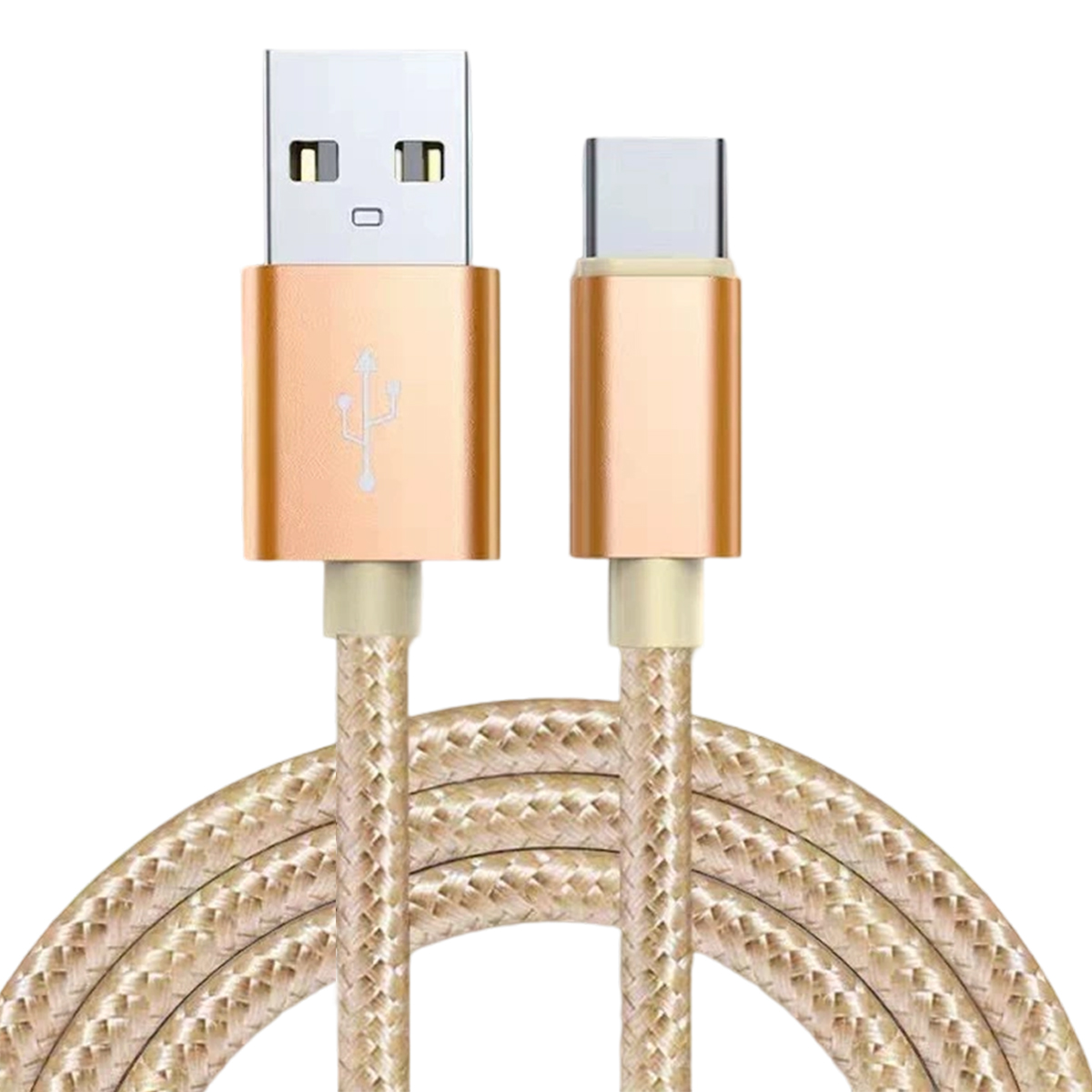 Ein goldenes USB-A-zu-USB-C-Ladekabel. Das Kabel ist geflochten und die Stecker sind goldfarben. Der Hintergrund ist weiß.