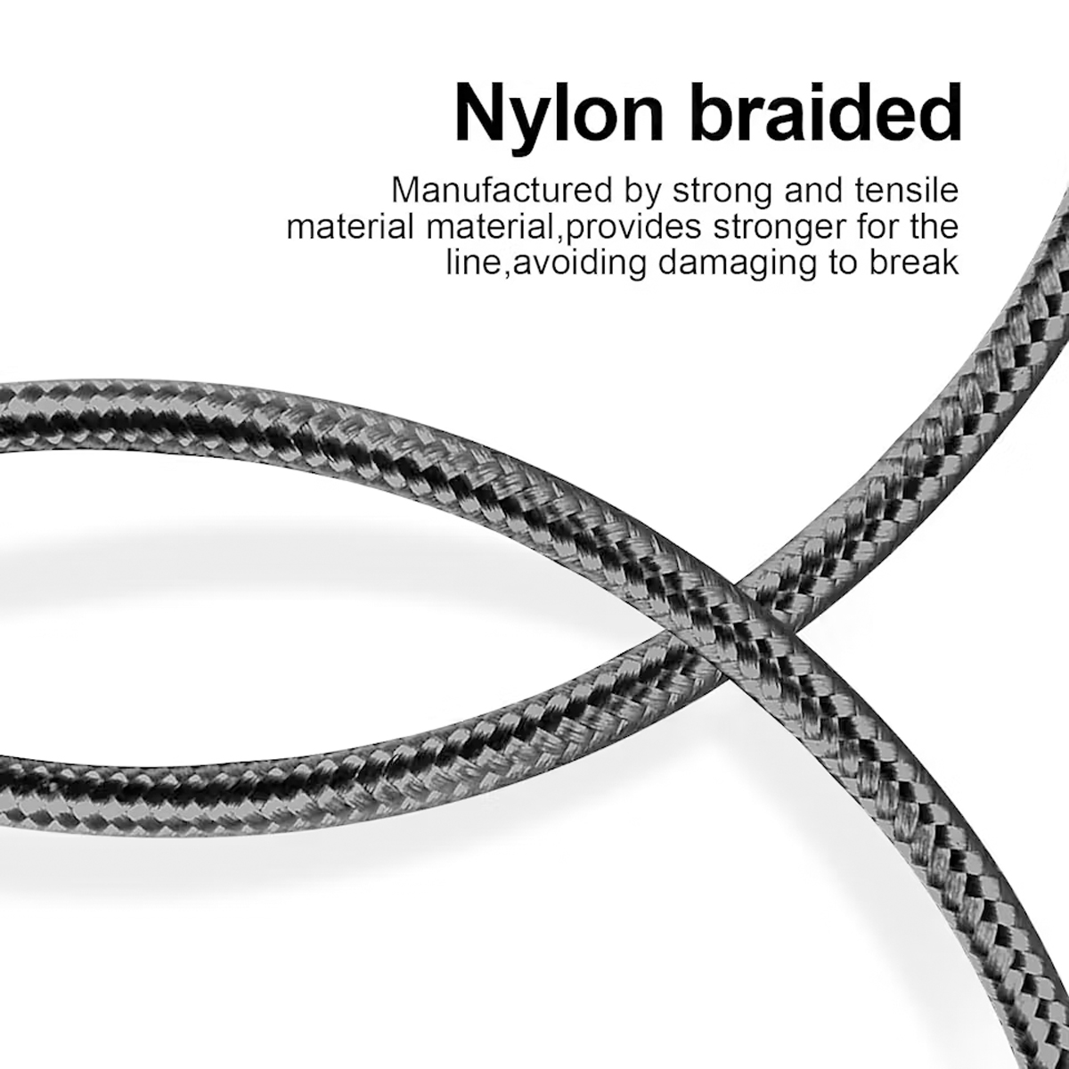 Nahaufnahme eines nylongeflochtenen Kabels, grau und schwarz, das sich kreuzt. Text oben: 'Nylon geflochten'.