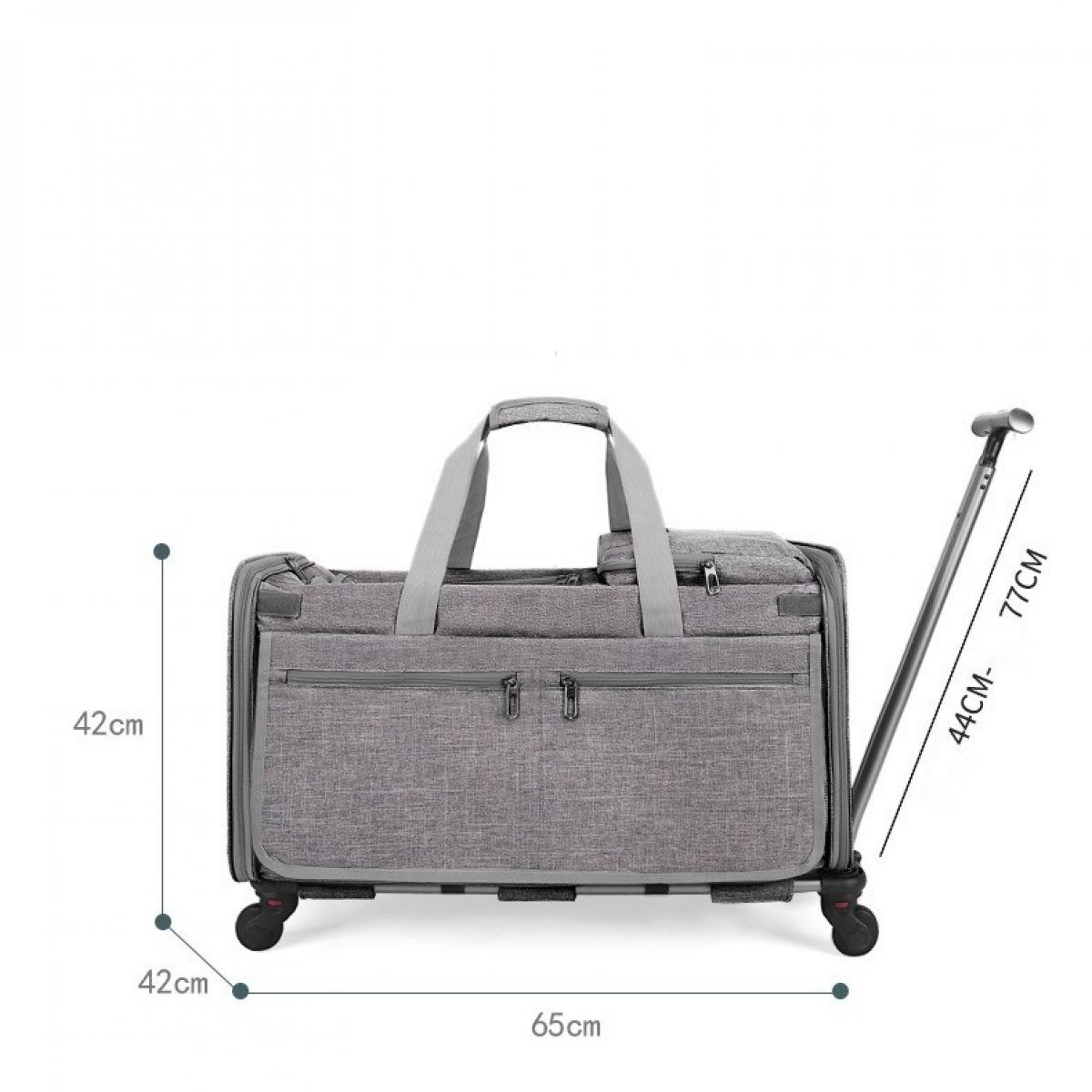 Graue Haustiertasche mit Griff und Rädern, Abmessungen gekennzeichnet. Ein ausziehbarer Griff ist ausgefahren, mit Maßen von 44cm bis 77cm.