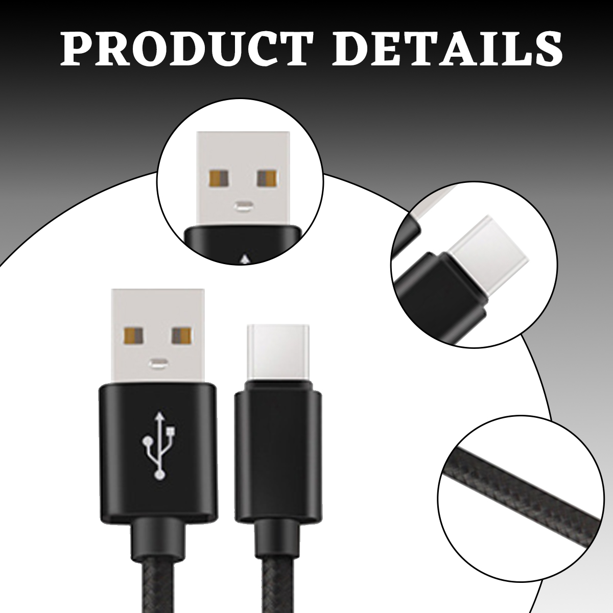 Das Bild zeigt USB- und USB-C-Kabel mit Nahaufnahmen. Die Kabel sind schwarz mit weißen Steckern. Der Text 'PRODUCT DETAILS' steht oben.