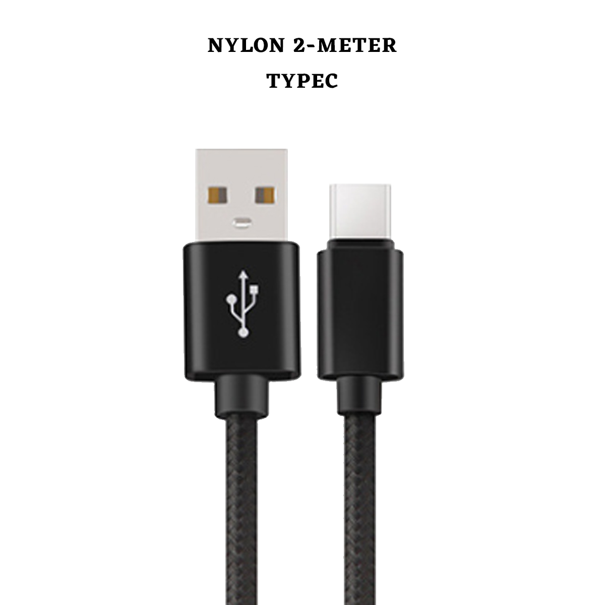 Ein schwarzes 2-Meter-Nylon-USB-C-Kabel mit zwei Anschlüssen. Einer ist USB-A, der andere USB-C. Text 'NYLON 2-METER TYPEC' oben.