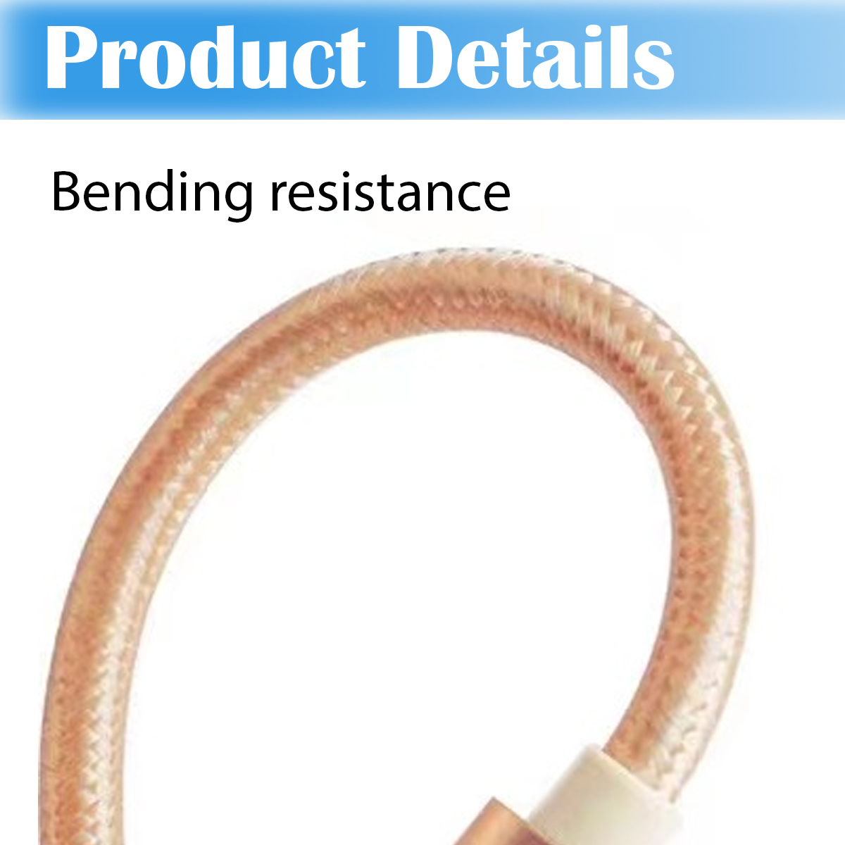Nahaufnahme eines gebogenen, kupferfarbenen Kabels. Oben am Kabel steht 'Produktdetails' und 'Biegefestigkeit'. Weißer Hintergrund.