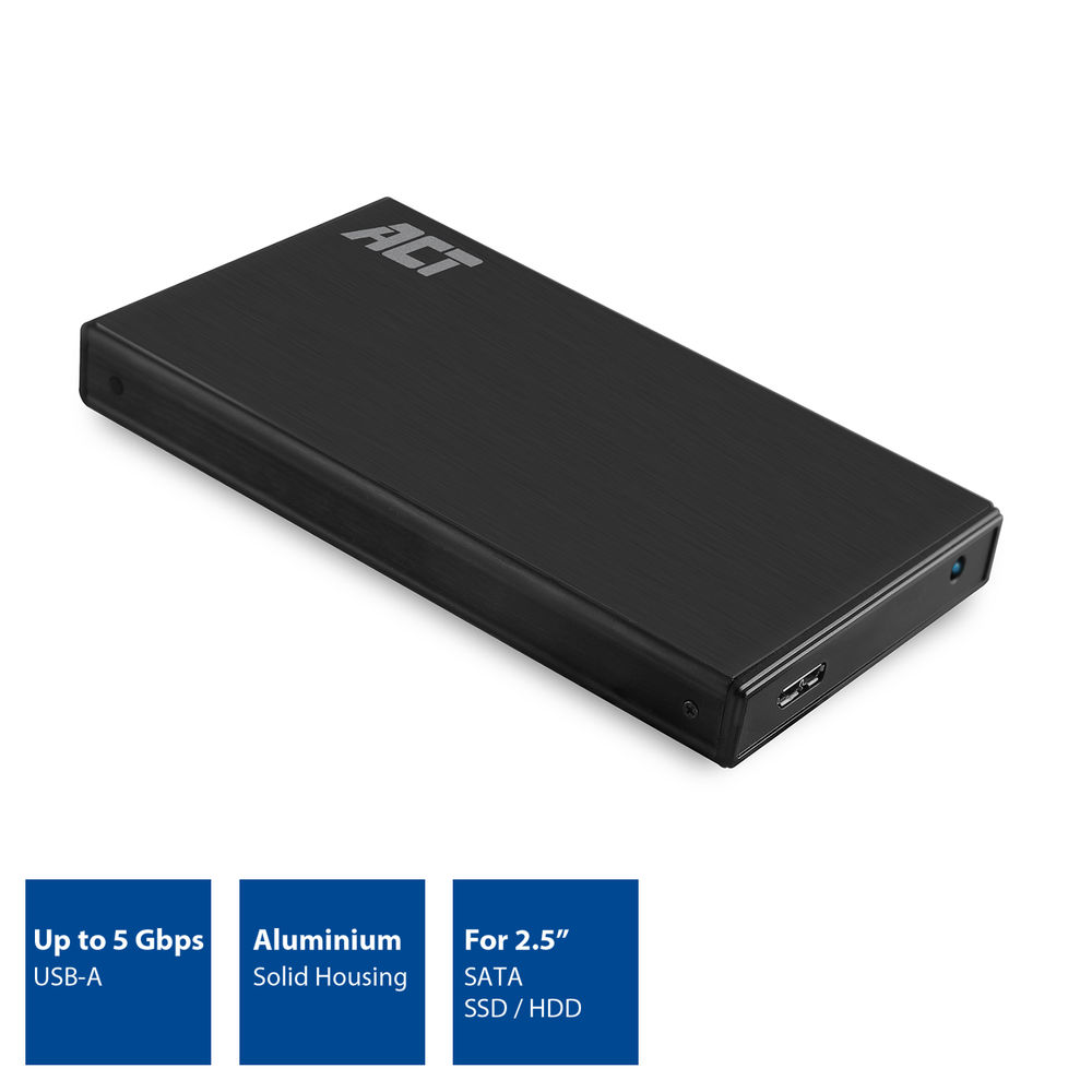 Schwarze externe Festplatte mit ACT-Logo. Merkmale: USB-A, Aluminiumgehäuse und Unterstützung für 2,5" SATA SSD/HDD.