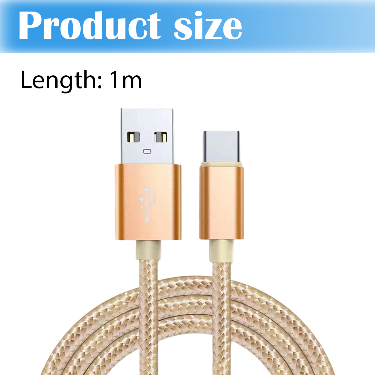 Ein goldenes USB-Kabel mit USB-A- und USB-C-Anschlüssen, geflochtenes Kabel, beschriftet mit 'Produktgröße' und 'Länge: 1m'.