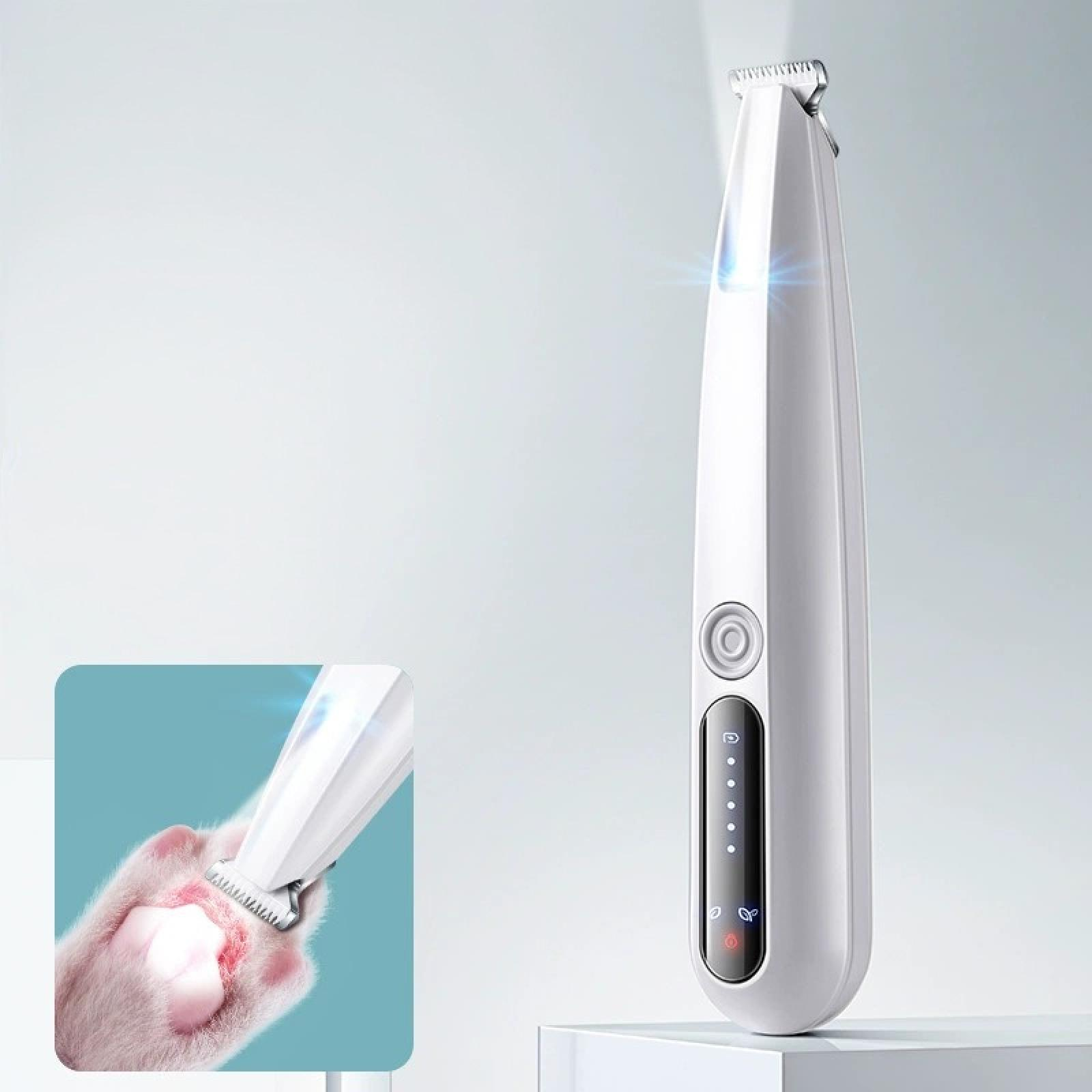 Ein weißer Haarschneider für Haustiere mit einer Pfote in der Ecke. Der Trimmer hat eine Leistungsanzeige und ist beleuchtet.