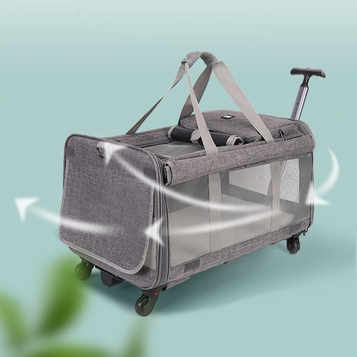 Graue Haustiertasche mit Rädern und Griff. Sie hat Netzseiten und einen Tragegriff. Der Hintergrund ist türkis.