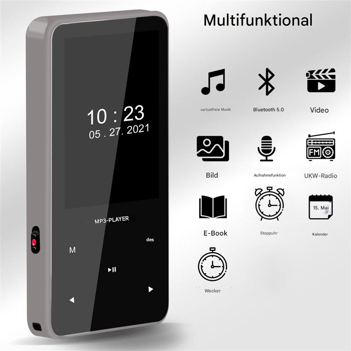 Ein MP3-Player zeigt Uhrzeit und Datum an. Symbole für Musik, Bluetooth, Video, Bild, Sprachaufnahme, Radio, E-Book, Stoppuhr, Kalender und Wecker.
