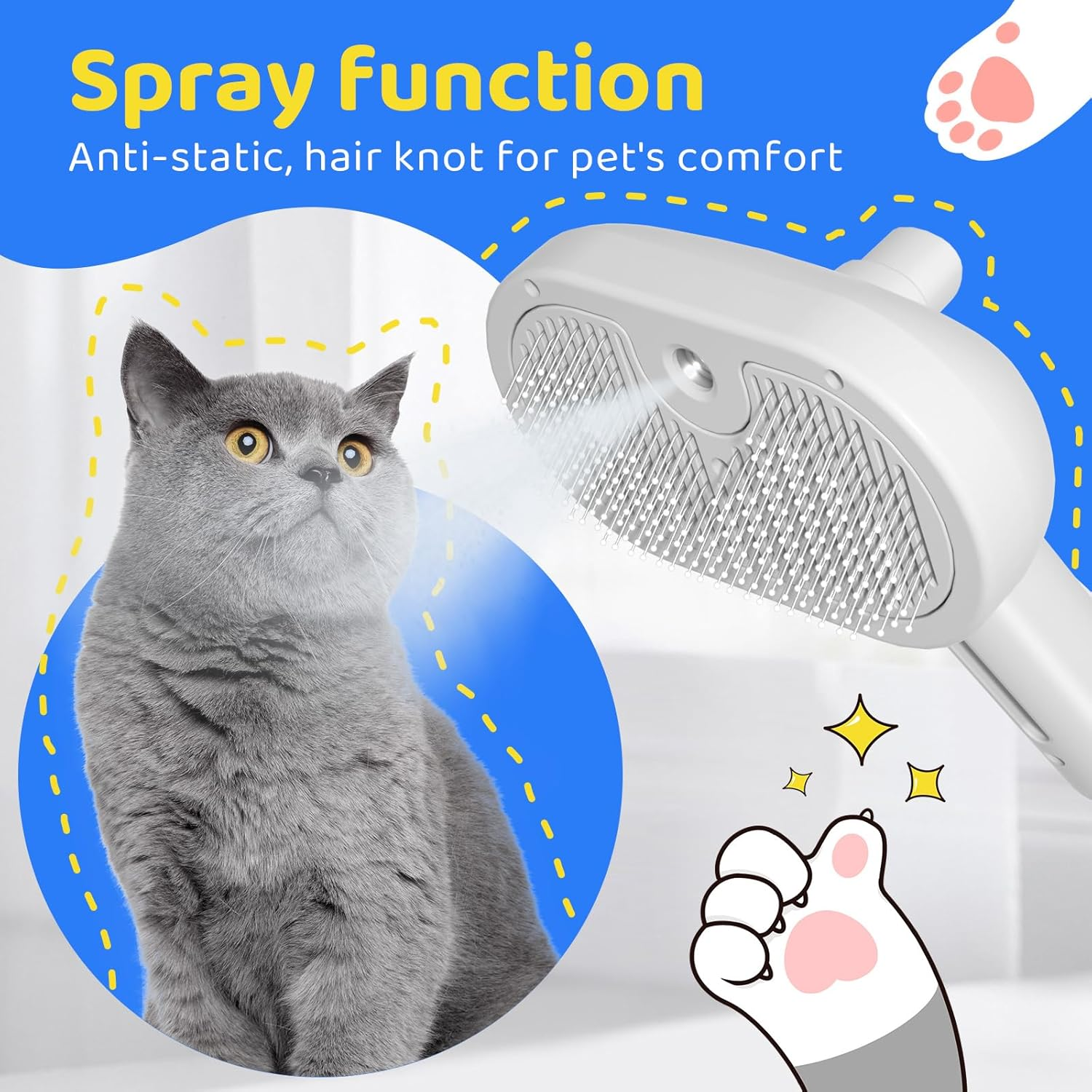 Eine graue Katze blickt auf eine weiße Haustierbürste, die sprüht. Der Text lautet: Sprayfunktion, antistatisch, Haarknoten für den Komfort des Haustiers.