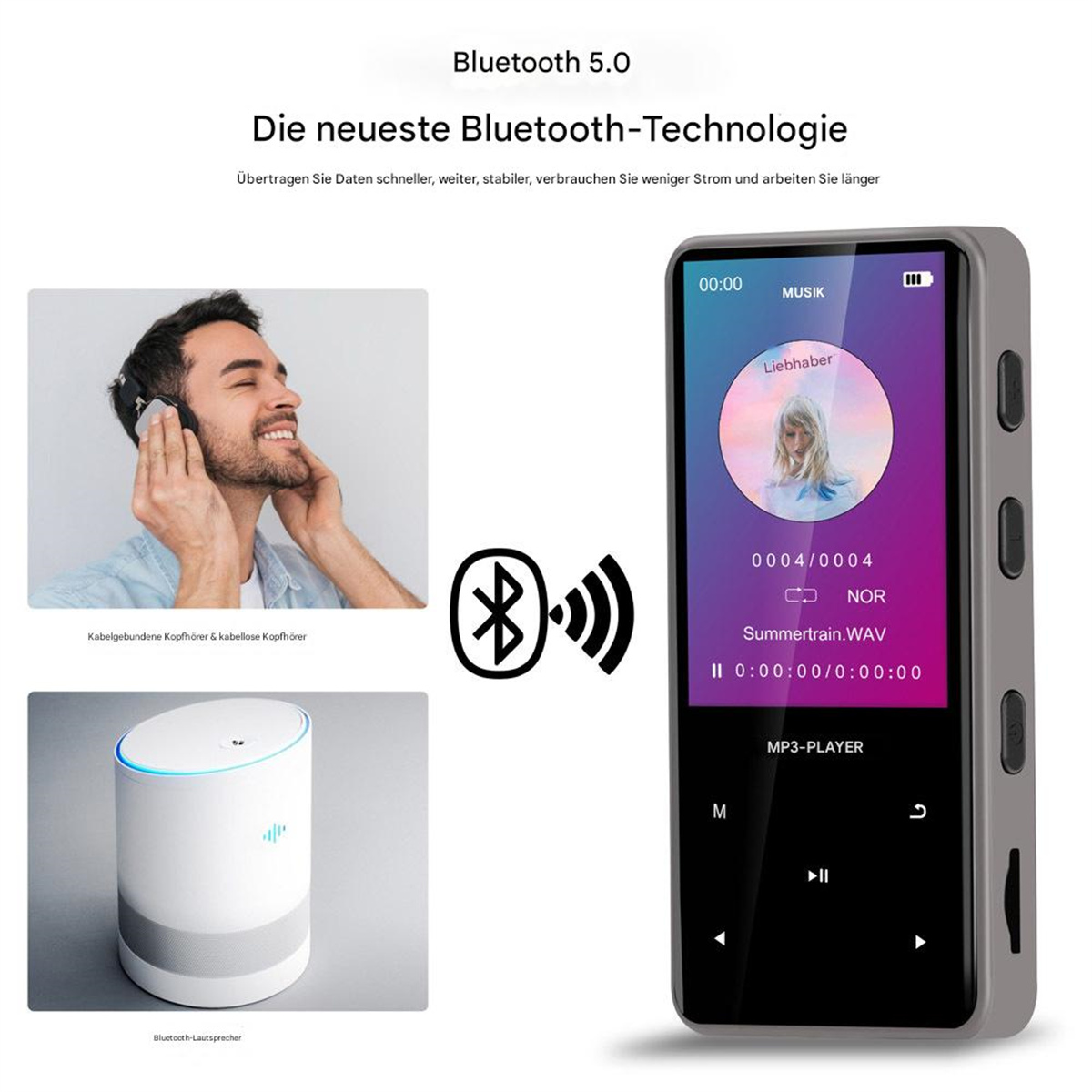 Das Bild zeigt einen MP3-Player, Kopfhörer und einen Lautsprecher. Ein Mann hört Musik. Der Player zeigt einen Song und das Bluetooth-Symbol.