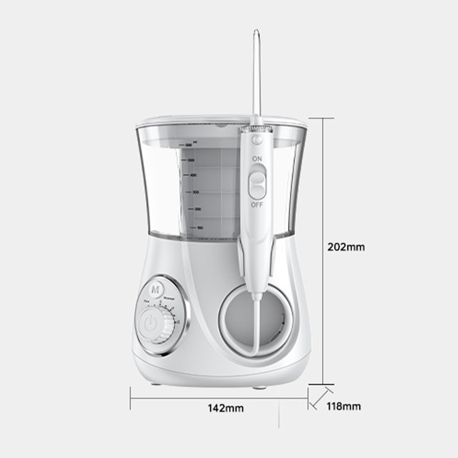 Weißer Wasser-Flosser mit Maßen. Er hat einen Wassertank, einen Griff mit Ein-/Aus-Tasten und eine Düse. Abmessungen sind angegeben.
