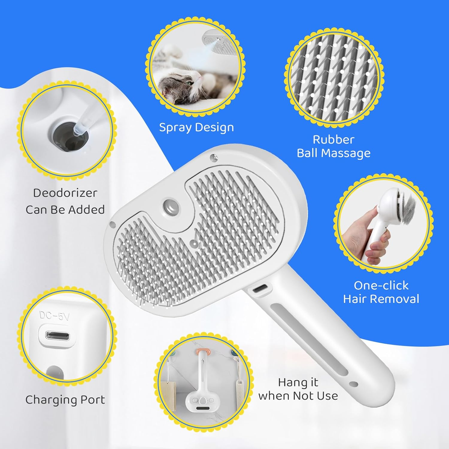 Eine weiße Haustierbürste mit Griff. Sie hat Funktionen wie Sprühdesign, Gummikugelmassage und Haarentfernung per Knopfdruck.