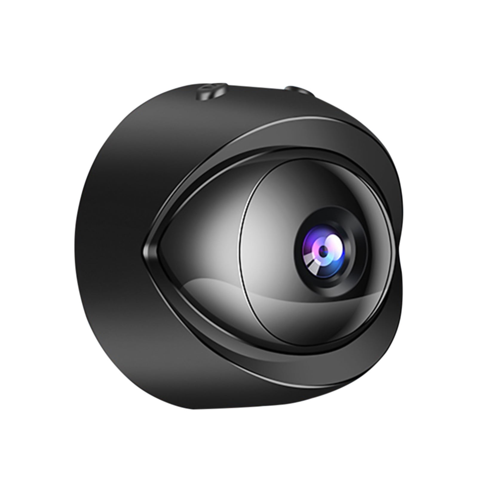 Kleine, schwarze Überwachungskamera mit reflektierender Linse. Die Linse fängt eine farbenfrohe Innenreflexion ein.