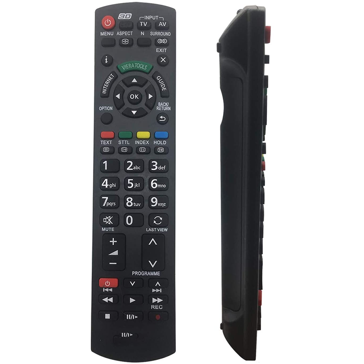 Eine schwarze Panasonic TV-Fernbedienung. Tasten umfassen Ein/Aus, Lautstärke, Kanalsteuerung, Ziffernblock und Menüoptionen.