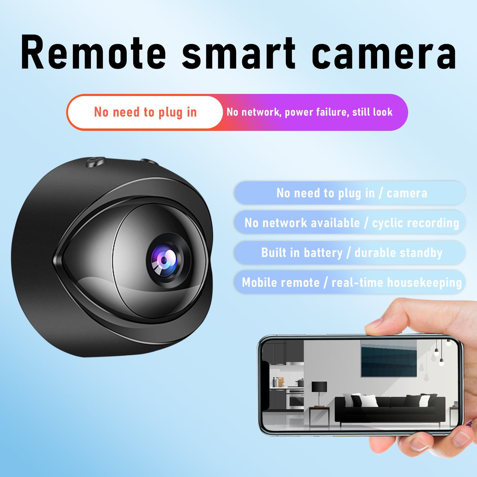 Eine schwarze Kamera mit einem Telefon, das ein Wohnzimmer zeigt. Text sagt Remote Smart Camera und Funktionen.
