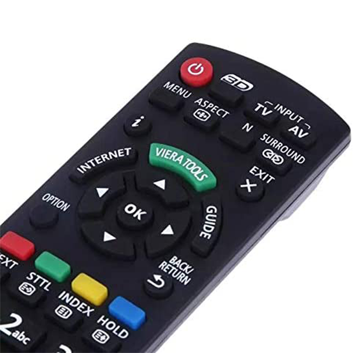 Eine schwarze Panasonic TV-Fernbedienung mit verschiedenen Tasten, darunter Ein/Aus, Menü, Internet und Lautstärke.