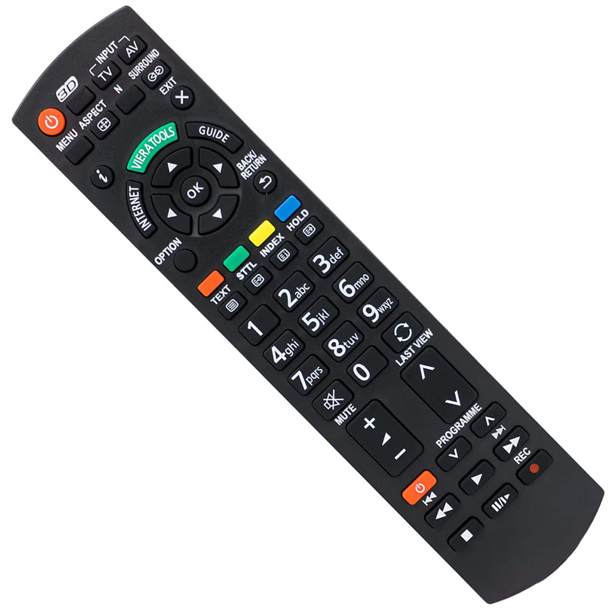 Eine schwarze Panasonic TV-Fernbedienung mit mehreren Tasten für Funktionen wie Ein/Aus, Lautstärke, Kanal und Menü.