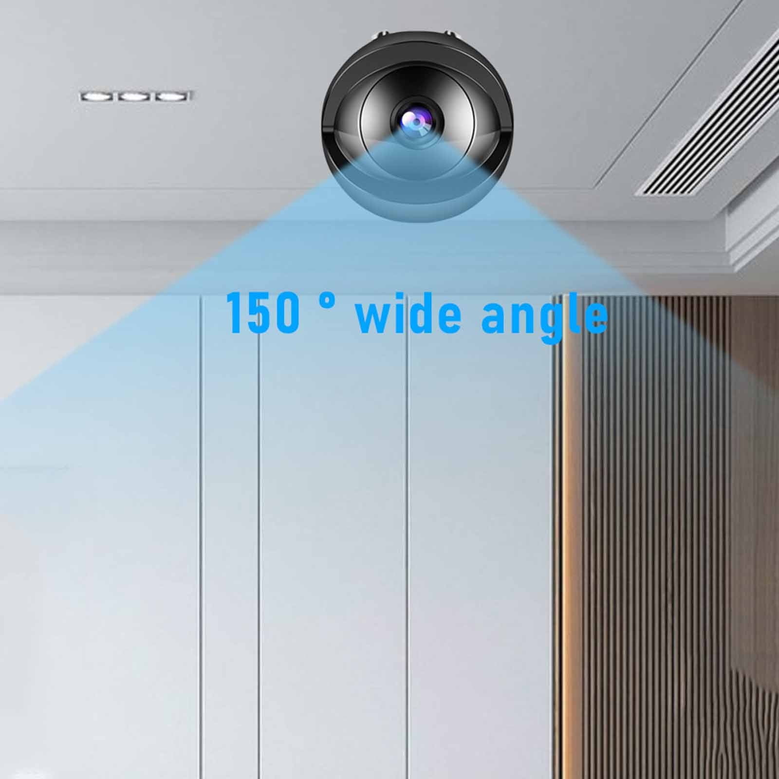 Eine runde, schwarze Überwachungskamera an der Decke. Sie ist mit 150° Weitwinkel beschriftet.